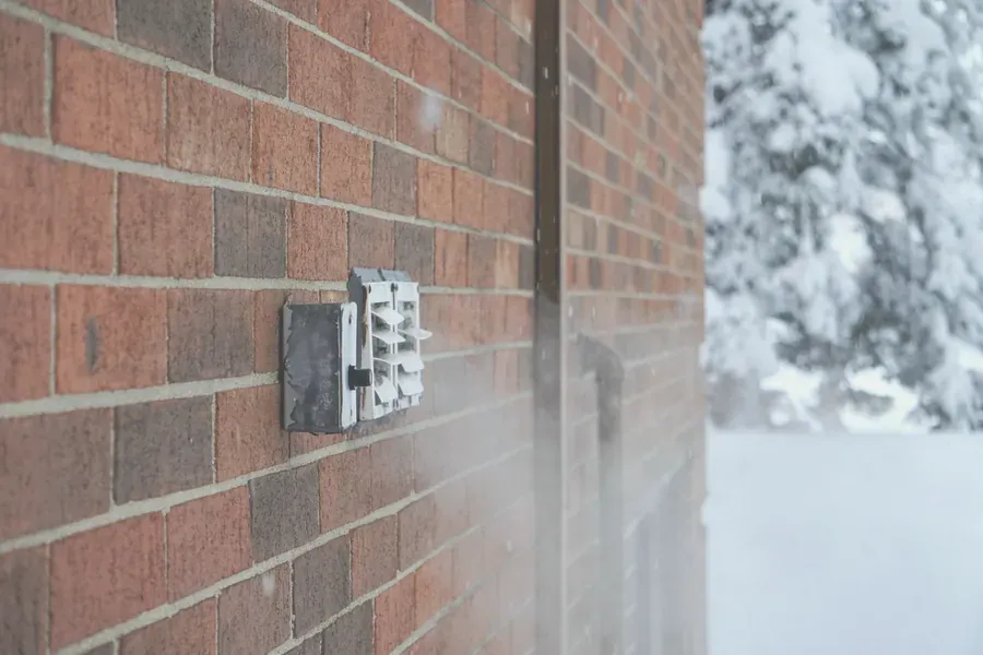 Utomhusuttag med fällbart lock på en tegelvägg medan snön faller